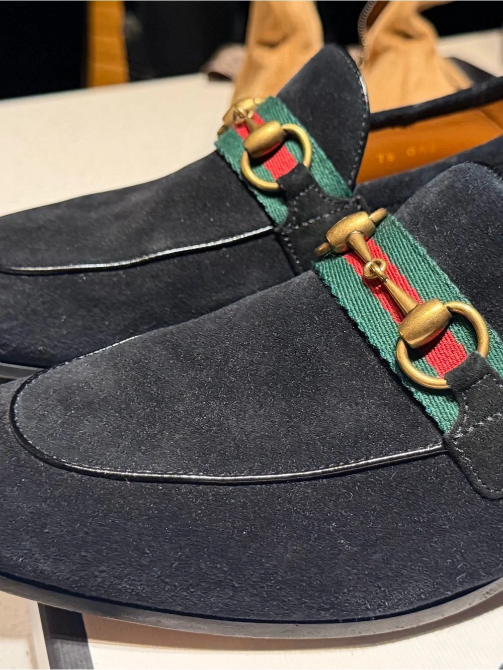 Gucci Black Suede Loafers with Green-Red Web and Gold Horsebit